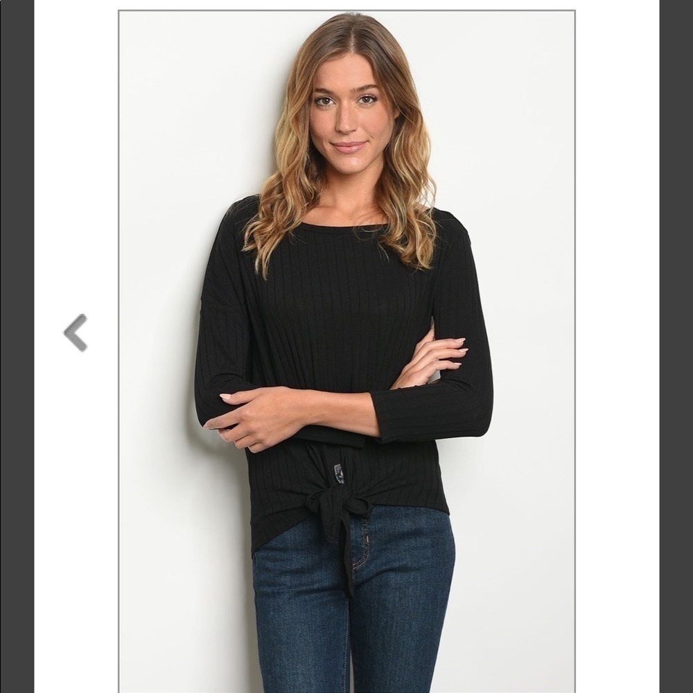 Basic Black Tie Waist Ribbed Top 3/4 Sleeve